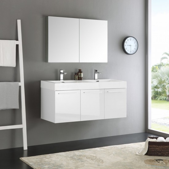 Vista 48" White Wall Hung Double Sink Modern Bathroom Vanity w/ Medicine Cabinet