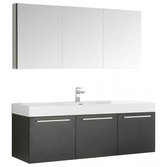 Vista 60" Black Wall Hung Single Sink Modern Bathroom Vanity w/ Medicine Cabinet