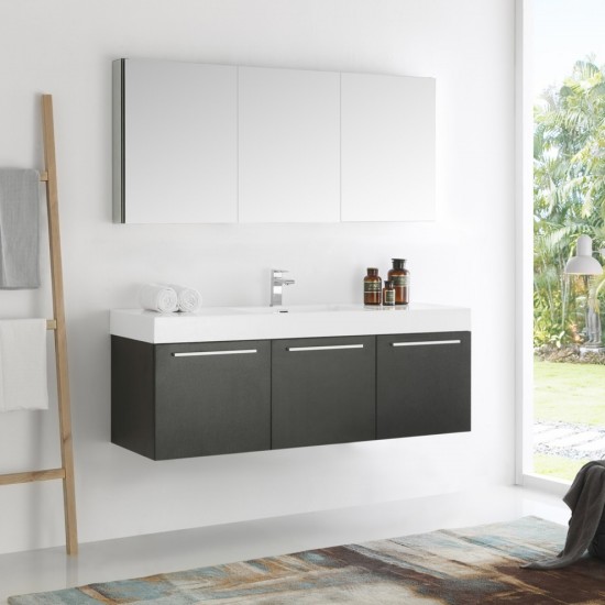 Vista 60" Black Wall Hung Single Sink Modern Bathroom Vanity w/ Medicine Cabinet