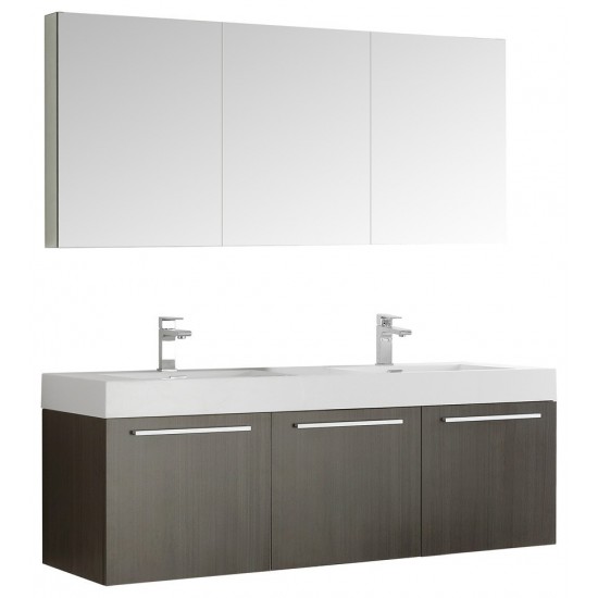 Vista 60 Gray Wall Hung Double Sink Modern Bathroom Vanity w/ Medicine Cabinet