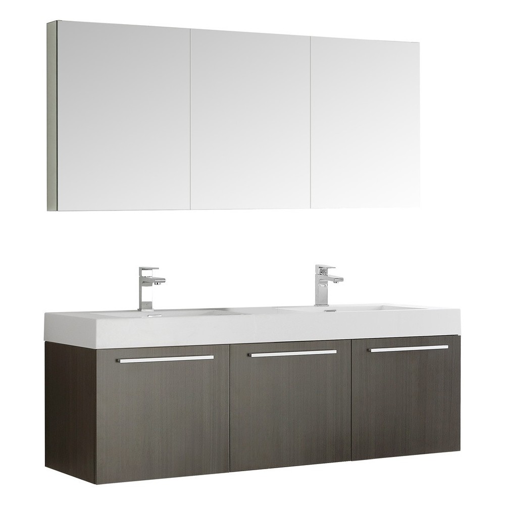 Vista 60 Gray Wall Hung Double Sink Modern Bathroom Vanity w/ Medicine Cabinet
