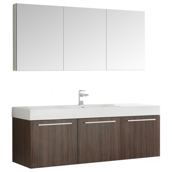 Vista 60 Walnut Wall Hung Single Sink Modern Bathroom Vanity w/ Medicine Cabinet