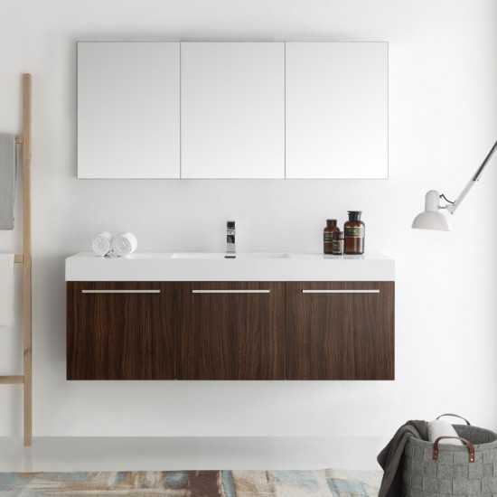 Vista 60 Walnut Wall Hung Single Sink Modern Bathroom Vanity w/ Medicine Cabinet