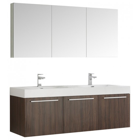 Vista 60 Walnut Wall Hung Double Sink Modern Bathroom Vanity w/ Medicine Cabinet