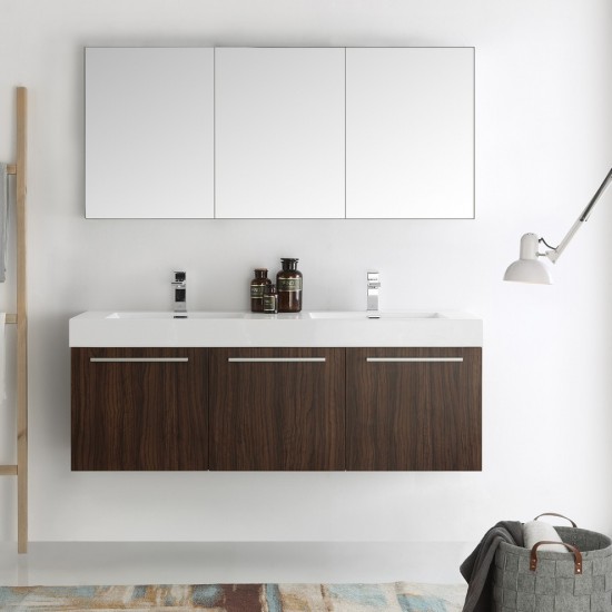 Vista 60 Walnut Wall Hung Double Sink Modern Bathroom Vanity w/ Medicine Cabinet