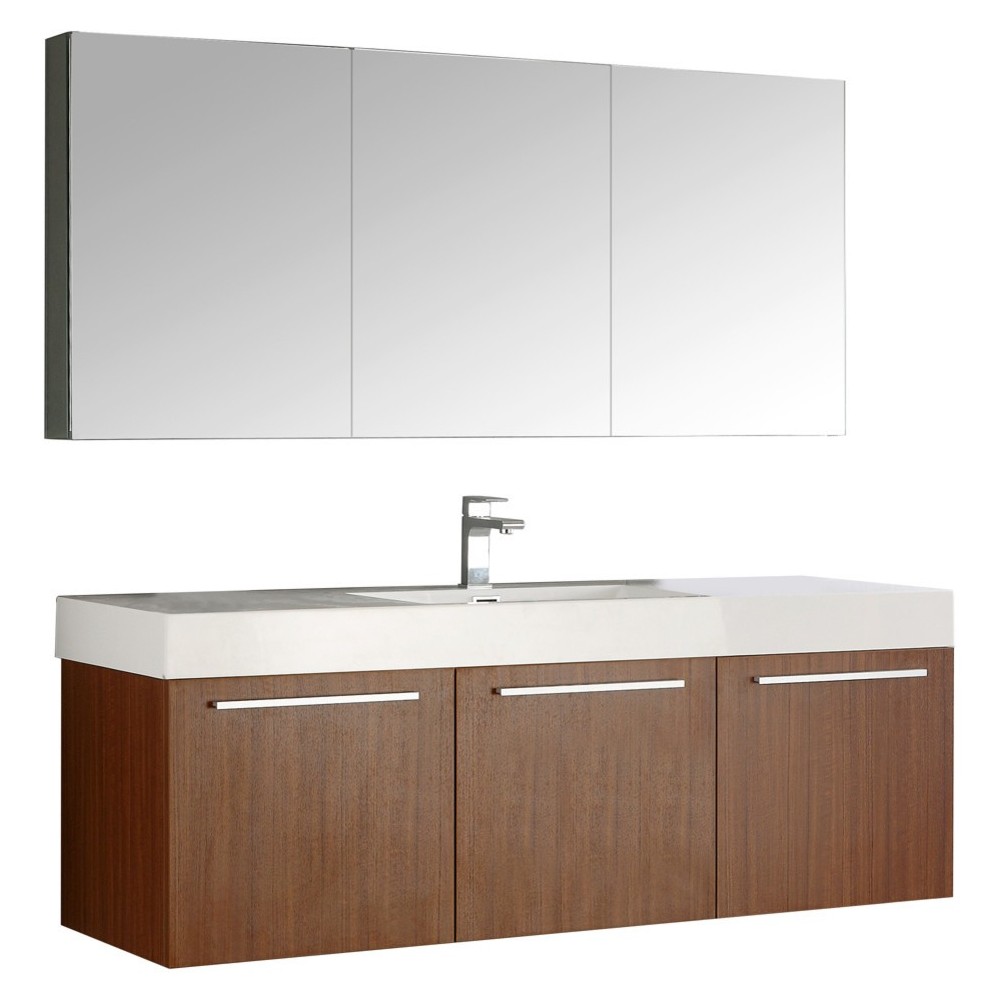 Vista 60" Teak Wall Hung Single Sink Modern Bathroom Vanity w/ Medicine Cabinet