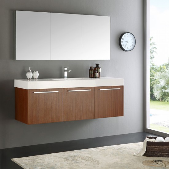 Vista 60" Teak Wall Hung Single Sink Modern Bathroom Vanity w/ Medicine Cabinet