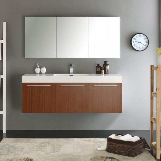 Vista 60" Teak Wall Hung Single Sink Modern Bathroom Vanity w/ Medicine Cabinet