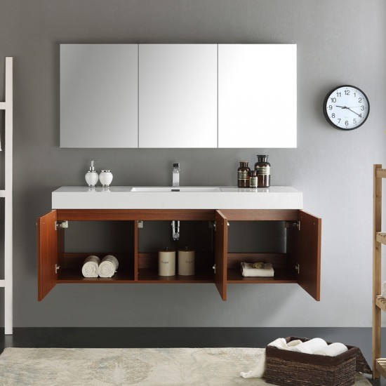 Vista 60" Teak Wall Hung Single Sink Modern Bathroom Vanity w/ Medicine Cabinet