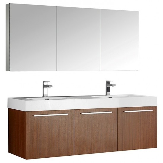 Vista 60" Teak Wall Hung Double Sink Modern Bathroom Vanity w/ Medicine Cabinet