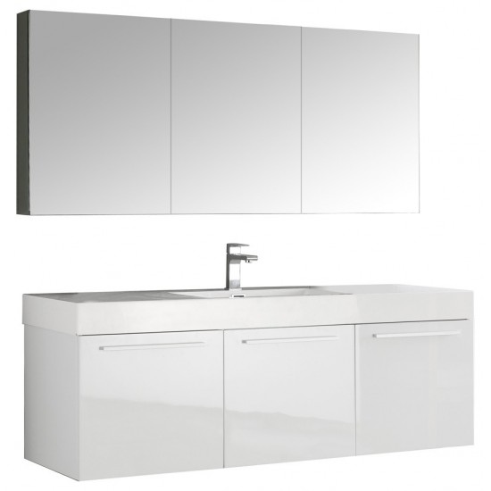 Vista 60" White Wall Hung Single Sink Modern Bathroom Vanity w/ Medicine Cabinet