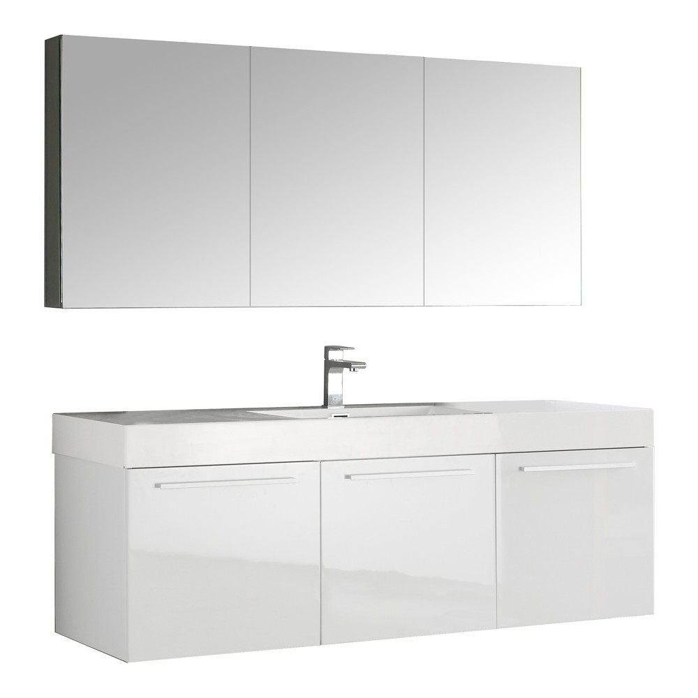 Vista 60" White Wall Hung Single Sink Modern Bathroom Vanity w/ Medicine Cabinet