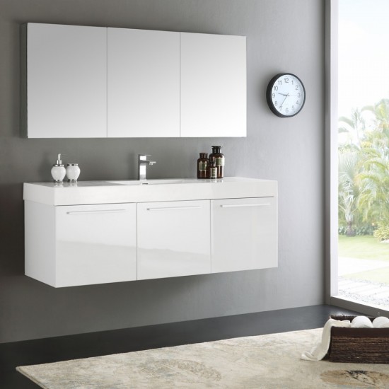 Vista 60" White Wall Hung Single Sink Modern Bathroom Vanity w/ Medicine Cabinet