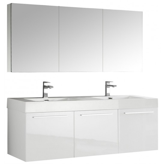 Vista 60" White Wall Hung Double Sink Modern Bathroom Vanity w/ Medicine Cabinet