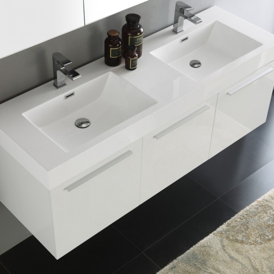 Vista 60" White Wall Hung Double Sink Modern Bathroom Vanity w/ Medicine Cabinet