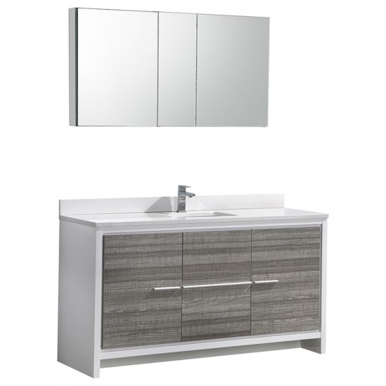 Allier Rio 60" Ash Gray Single Sink Modern Bathroom Vanity w/ Medicine Cabinet