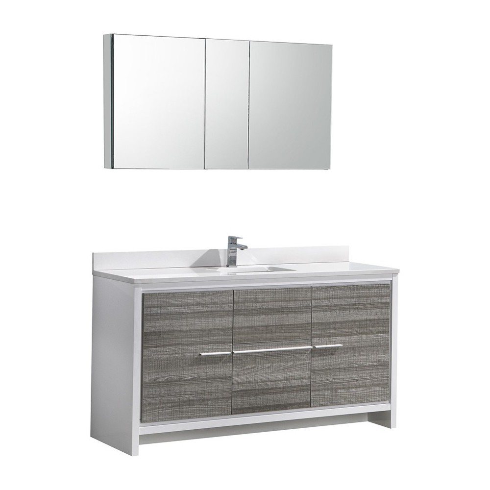 Allier Rio 60" Ash Gray Single Sink Modern Bathroom Vanity w/ Medicine Cabinet