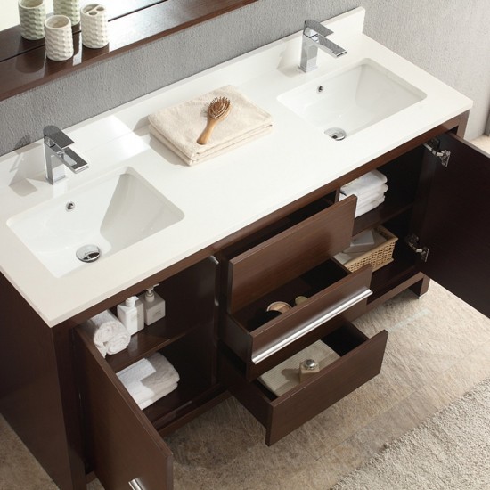 Fresca Allier 60" Wenge Brown Modern Double Sink Bathroom Vanity w/ Mirror