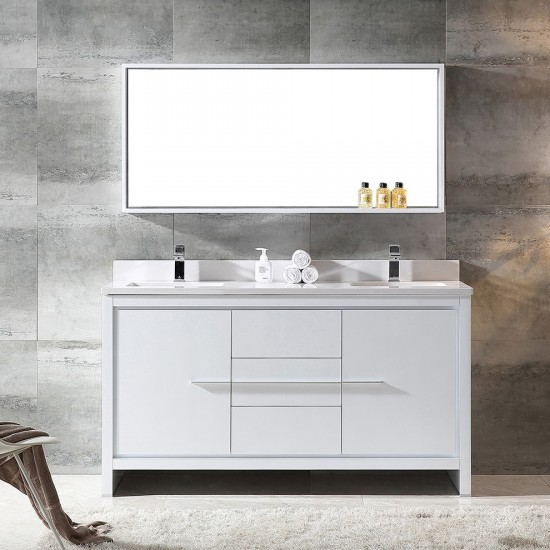 Fresca Allier 60" White Modern Double Sink Bathroom Vanity w/ Mirror