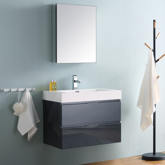 Valencia 30 Dark Slate Gray Wall Hung Modern Bathroom Vanity w/ Medicine Cabinet