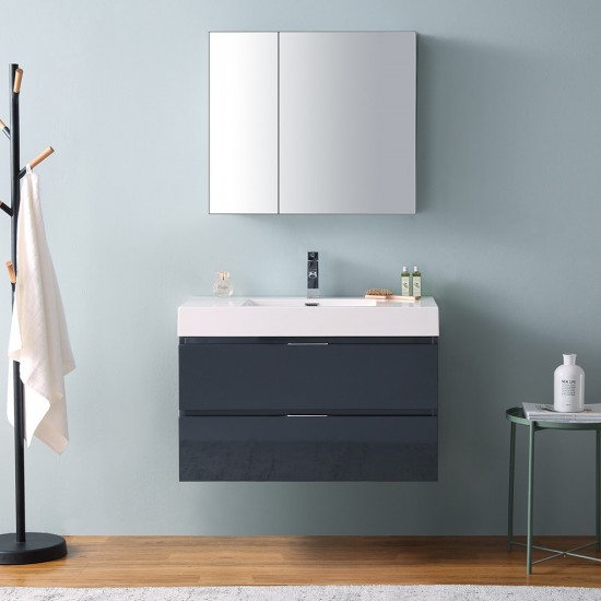 Valencia 36 Dark Slate Gray Wall Hung Modern Bathroom Vanity w/ Medicine Cabinet