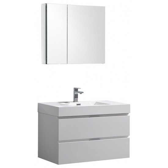 Valencia 36" Glossy White Wall Hung Modern Bathroom Vanity w/ Medicine Cabinet