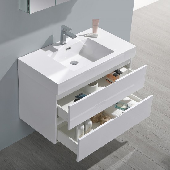 Valencia 36" Glossy White Wall Hung Modern Bathroom Vanity w/ Medicine Cabinet