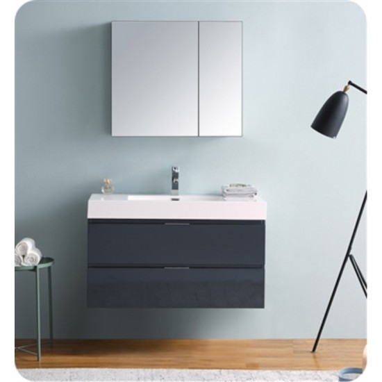 Valencia 40 Dark Slate Gray Wall Hung Modern Bathroom Vanity w/ Medicine Cabinet