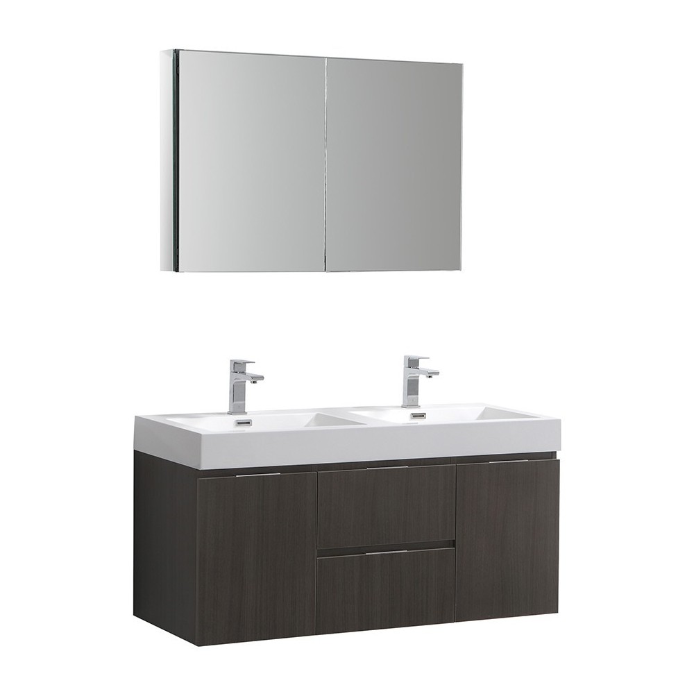 48 Gray Oak Wall Hung Double Sink Modern Bathroom Vanity w/ Medicine Cabinet