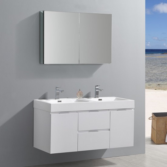 48 White Wall Hung Double Sink Modern Bathroom Vanity w/ Medicine Cabinet