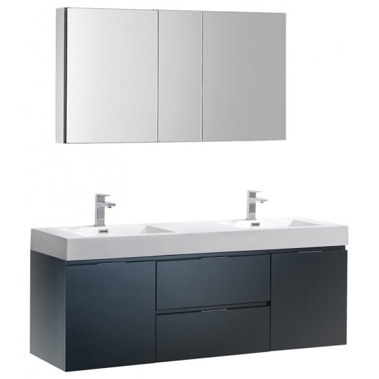 60 Dark Slate Gray Wall Hung Double Sink Bathroom Vanity w/ Medicine Cabinet