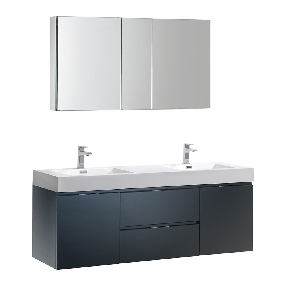 60 Dark Slate Gray Wall Hung Double Sink Bathroom Vanity w/ Medicine Cabinet