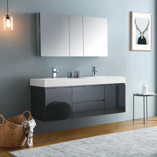 60 Dark Slate Gray Wall Hung Double Sink Bathroom Vanity w/ Medicine Cabinet