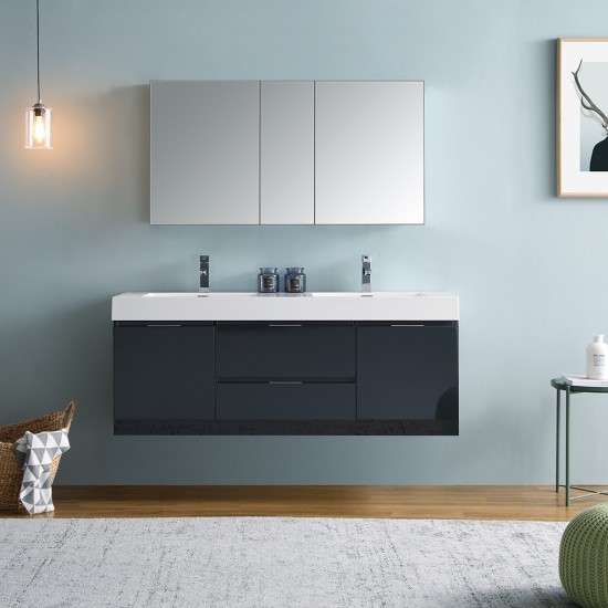 60 Dark Slate Gray Wall Hung Double Sink Bathroom Vanity w/ Medicine Cabinet