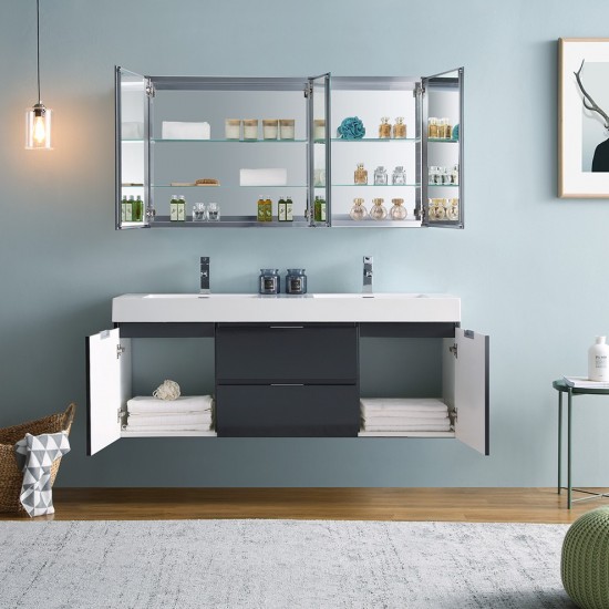 60 Dark Slate Gray Wall Hung Double Sink Bathroom Vanity w/ Medicine Cabinet