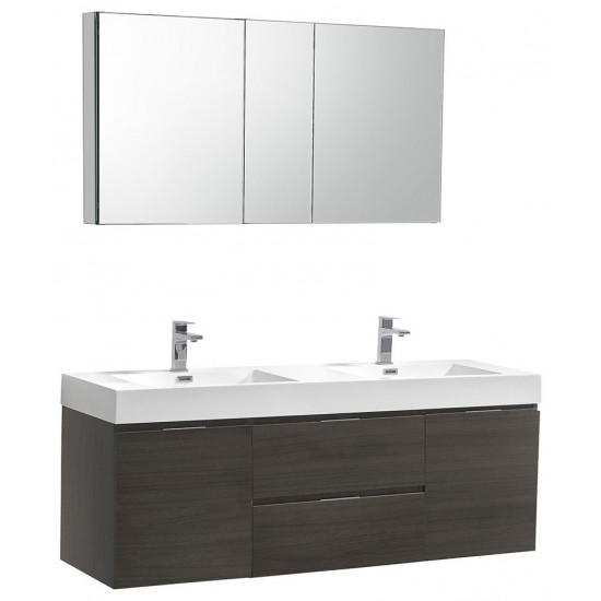 60 Gray Oak Wall Hung Double Sink Modern Bathroom Vanity w/ Medicine Cabinet