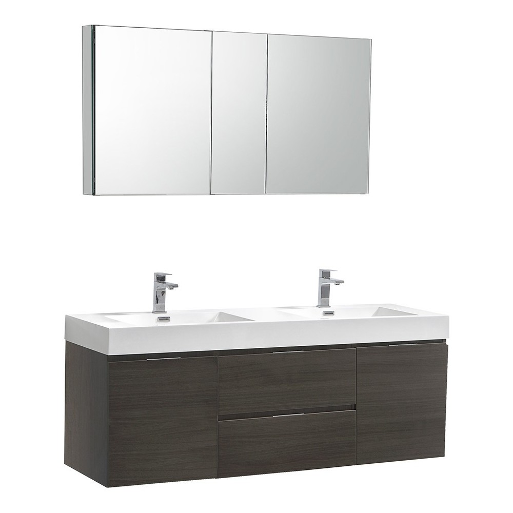 60 Gray Oak Wall Hung Double Sink Modern Bathroom Vanity w/ Medicine Cabinet