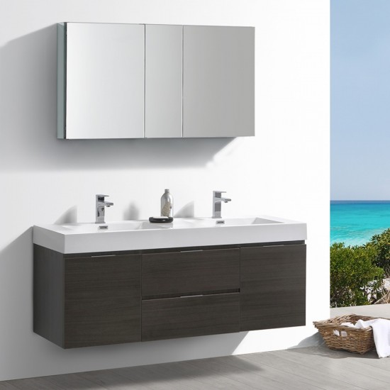 60 Gray Oak Wall Hung Double Sink Modern Bathroom Vanity w/ Medicine Cabinet