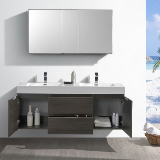 60 Gray Oak Wall Hung Double Sink Modern Bathroom Vanity w/ Medicine Cabinet