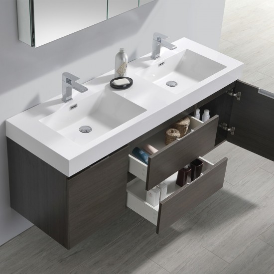 60 Gray Oak Wall Hung Double Sink Modern Bathroom Vanity w/ Medicine Cabinet