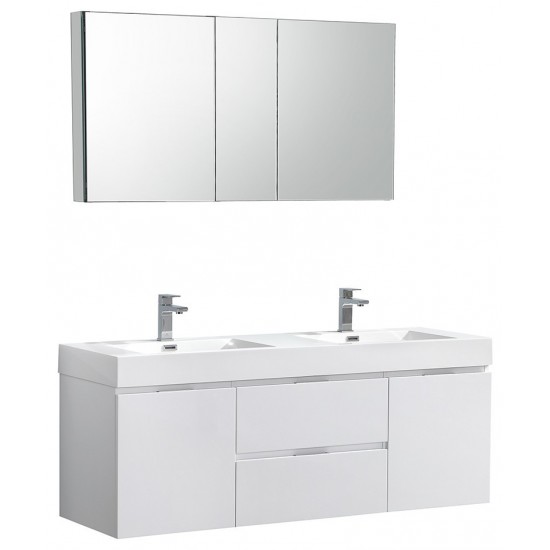 Valencia 60" Glossy White Wall Hung Modern Bathroom Vanity w/ Medicine Cabinet