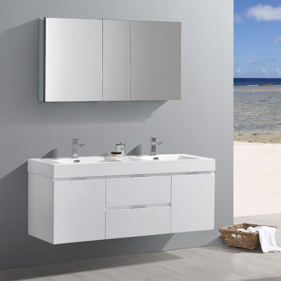 60 White Wall Hung Double Sink Modern Bathroom Vanity w/ Medicine Cabinet