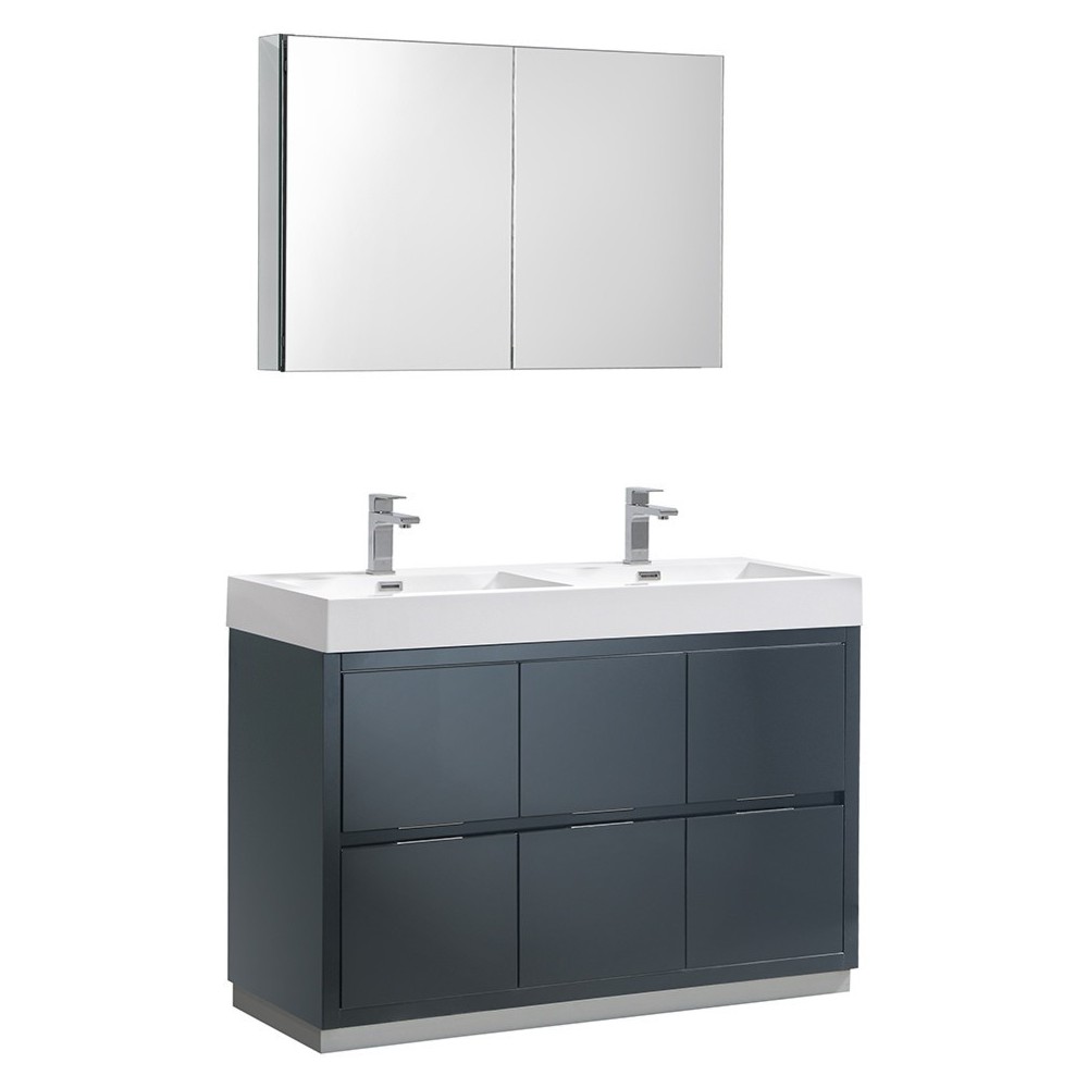 48 Dark Slate Gray Free Standing Double Sink Bathroom Vanity w/ Medicine Cabinet