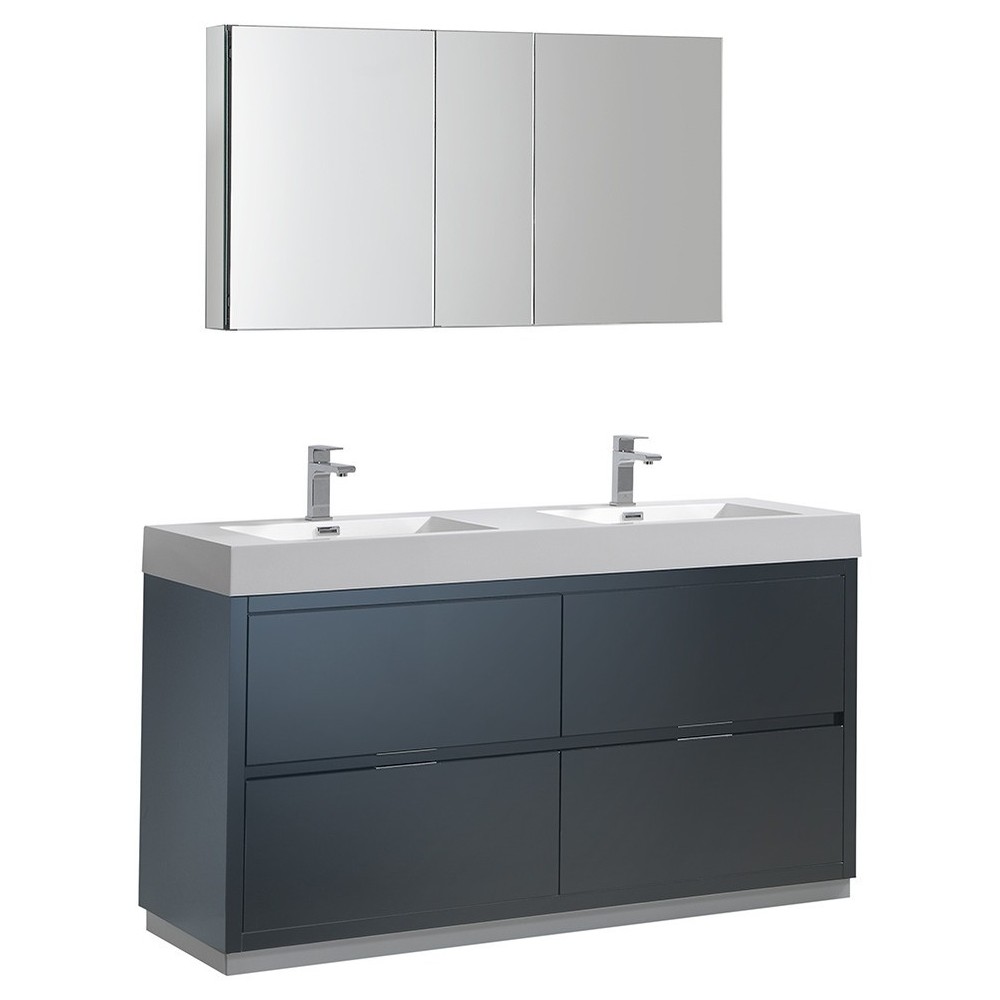 60 Dark Slate Gray Free Standing Double Sink Bathroom Vanity w/ Medicine Cabinet