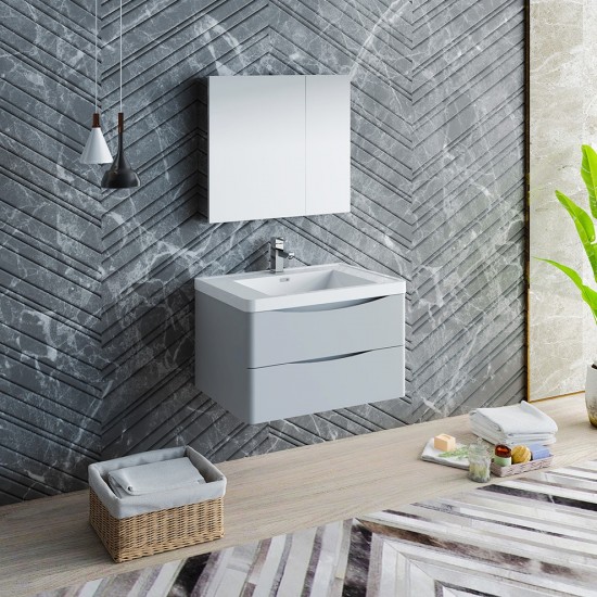 Tuscany 32" Glossy Gray Wall Hung Modern Bathroom Vanity w/ Medicine Cabinet