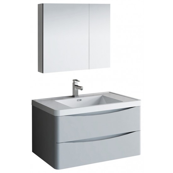 Tuscany 36" Glossy Gray Wall Hung Modern Bathroom Vanity w/ Medicine Cabinet