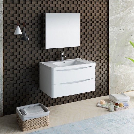 Tuscany 36" Glossy White Wall Hung Modern Bathroom Vanity w/ Medicine Cabinet