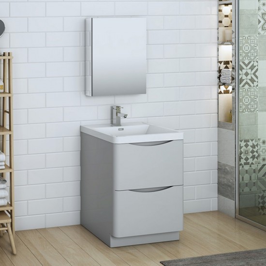 Tuscany 24" Glossy Gray Free Standing Modern Bathroom Vanity w/ Medicine Cabinet