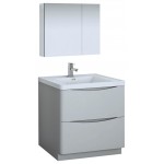 Tuscany 32" Glossy Gray Free Standing Modern Bathroom Vanity w/ Medicine Cabinet