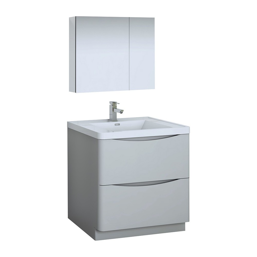 Tuscany 32" Glossy Gray Free Standing Modern Bathroom Vanity w/ Medicine Cabinet